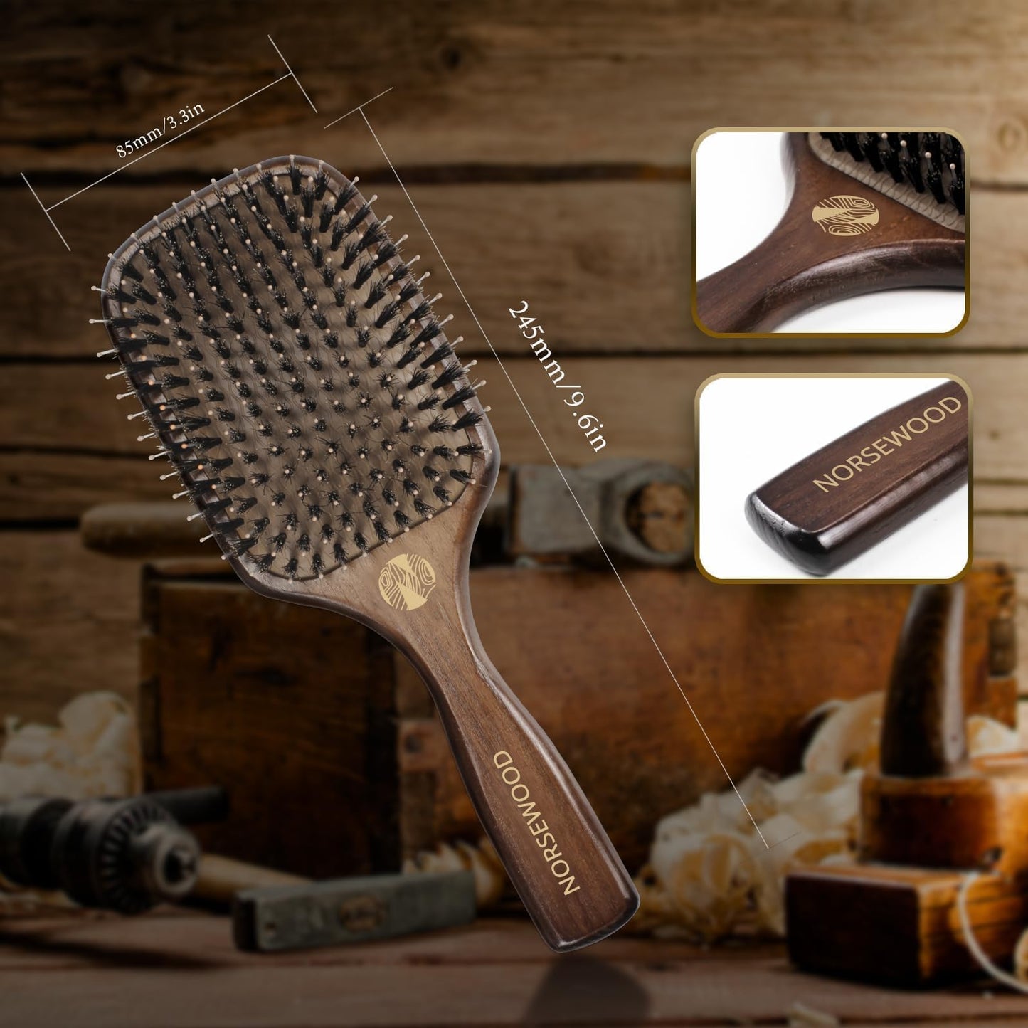 Norsewood Boar Bristle Hair Brush Set, Soft Bristle Detangler for Long, Short, Thin, Curly, Straight, or Wavy, Hairbrush for Enhancing Shine, Great for Men, Women, and Kids