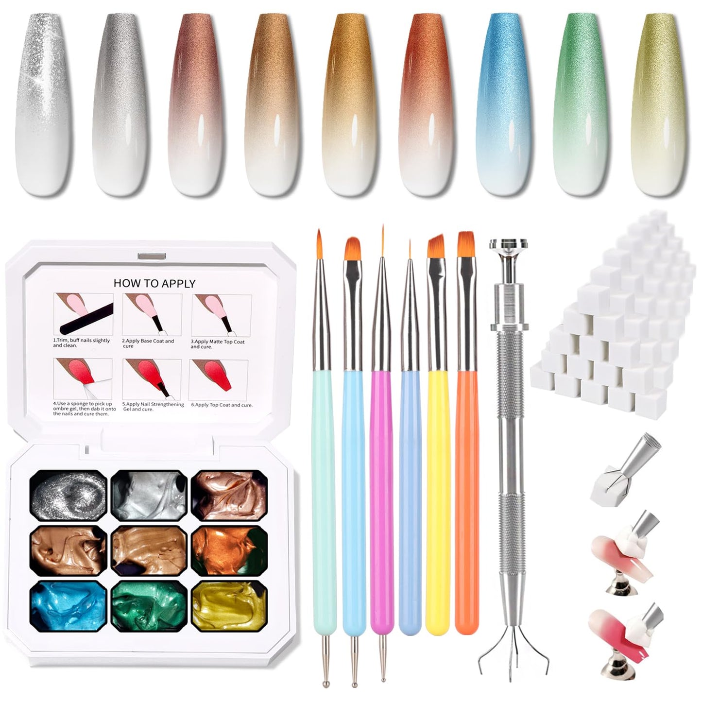 Ombre Nail Gel Set - 9 Colors Sponge Pat Paint for Floral Nail Art, No Wipe, UV/LED Curing