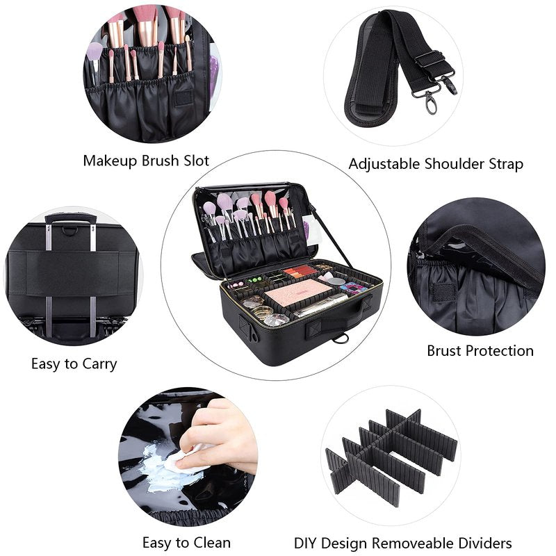 JOURMON Travel Makeup Train Case,Large Capacity Cosmetic Bags for Women,Portable Makeup Bag Organizer with Adjustable Dividers & Shoulder Strap(Black, L)