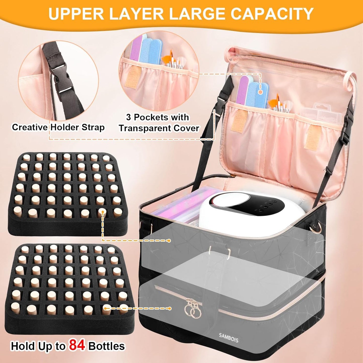 Nail Polish Organizer Bag - Holds 84 Bottles & Nail Lamp | PU Leather Travel Case (Black)