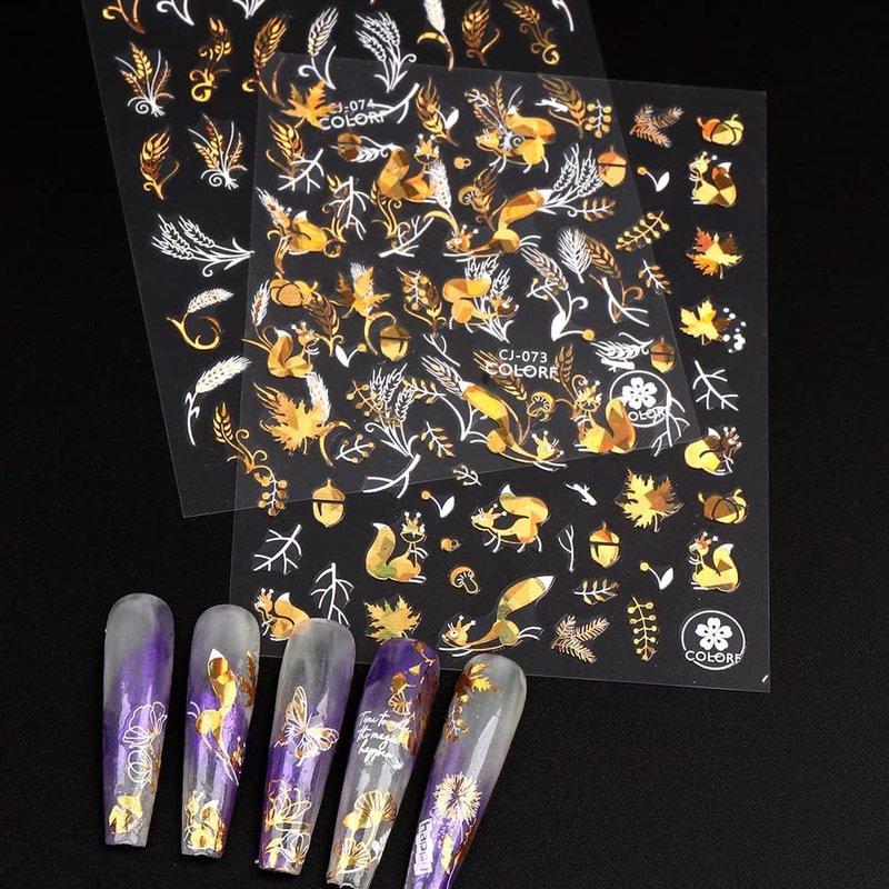 Autumn Leaves Nail Decals - 3D Self-Adhesive Fall Nail Art Stickers | White Laser Gold Maple Leaf Design, 9 Sheets