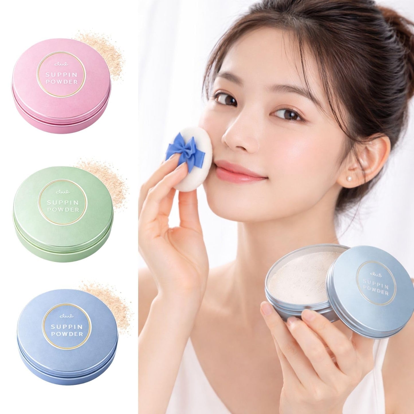 Club Suppin Translucent Pressed Powder Foundation + Overnight Skincare, Finishing Powder Makeup & Face Powder with Amino Acids, Shea Butter& Aloe, 24H Long-Lasting Japanese Skincare, WHITE, 2EA