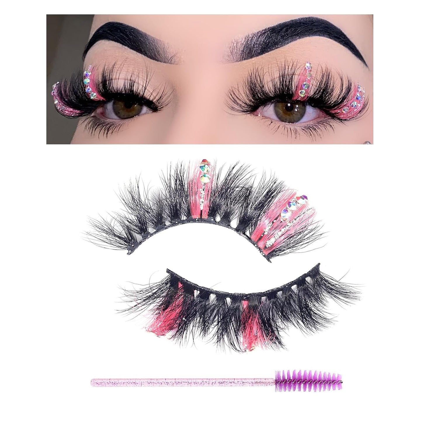 Miss Kiss Lashes - Pink Rhinestone False Eyelashes | Reusable Fairy Faux Mink 18mm