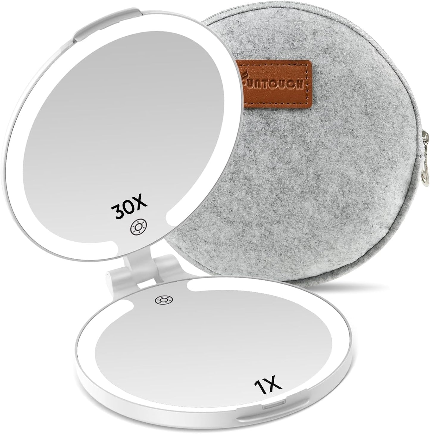 FUNTOUCH Travel Mirror with Lights and Magnification, 1X/30X Double Sided Makeup Vanity Mirror with 3 Color Setting, Christmas Birthday Gifts for Women Girls with Bag