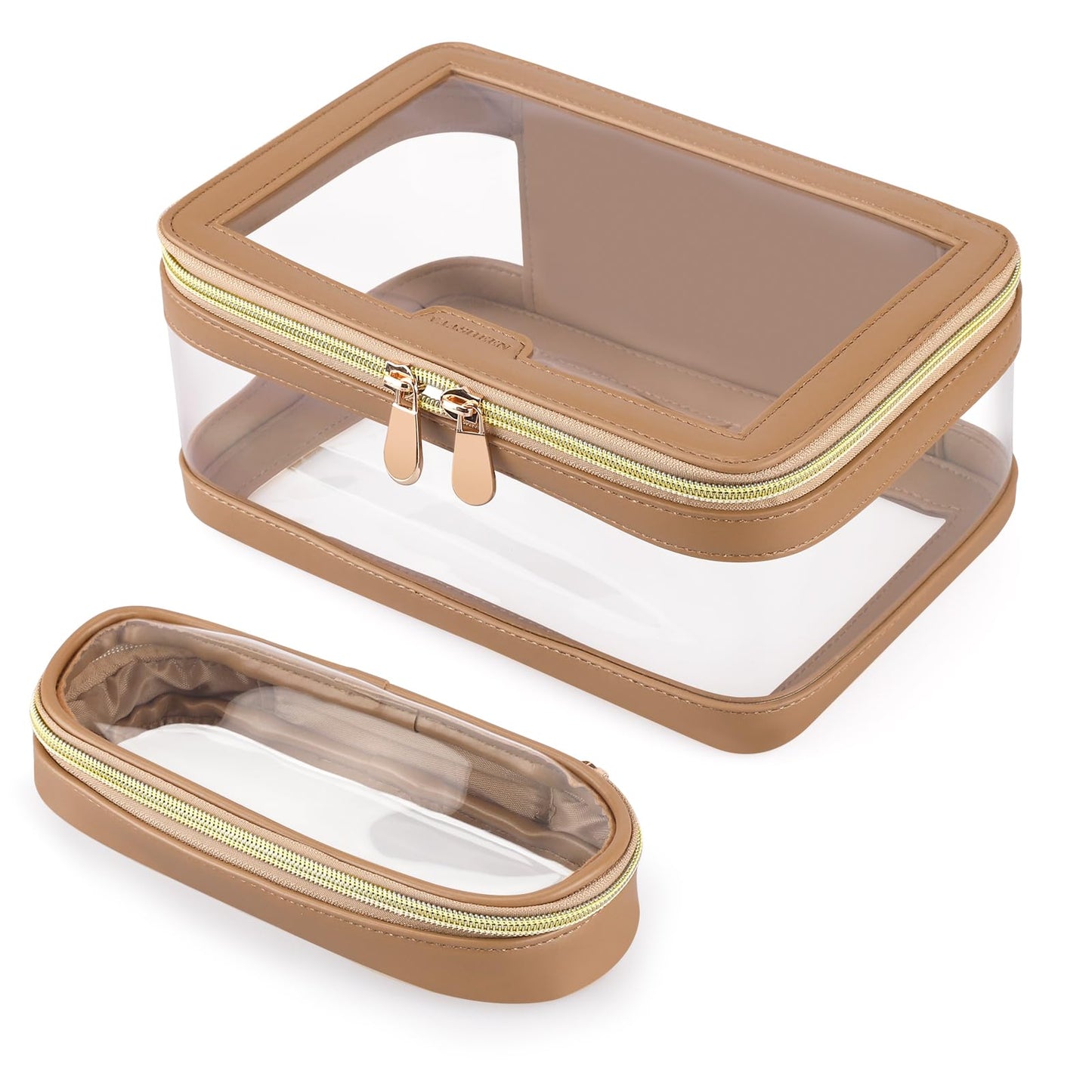 YAASHEEN Clear Makeup Bag Organizer, 2-Piece Makeup Organizer Set (Large & Small) for Home, Office, Travel or Car Use, Holds Cosmetics, Skincare, Stationery, Tech Accessories (Brown)