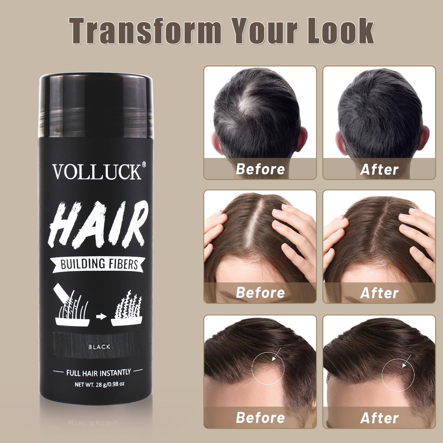 VOLLUCK Hair Fibers for Thinning Hair, Instant Coverage Hair Building Fibers for Women and men, Natural Hair Powder for Conceal Hair Loss 28 g (Black)