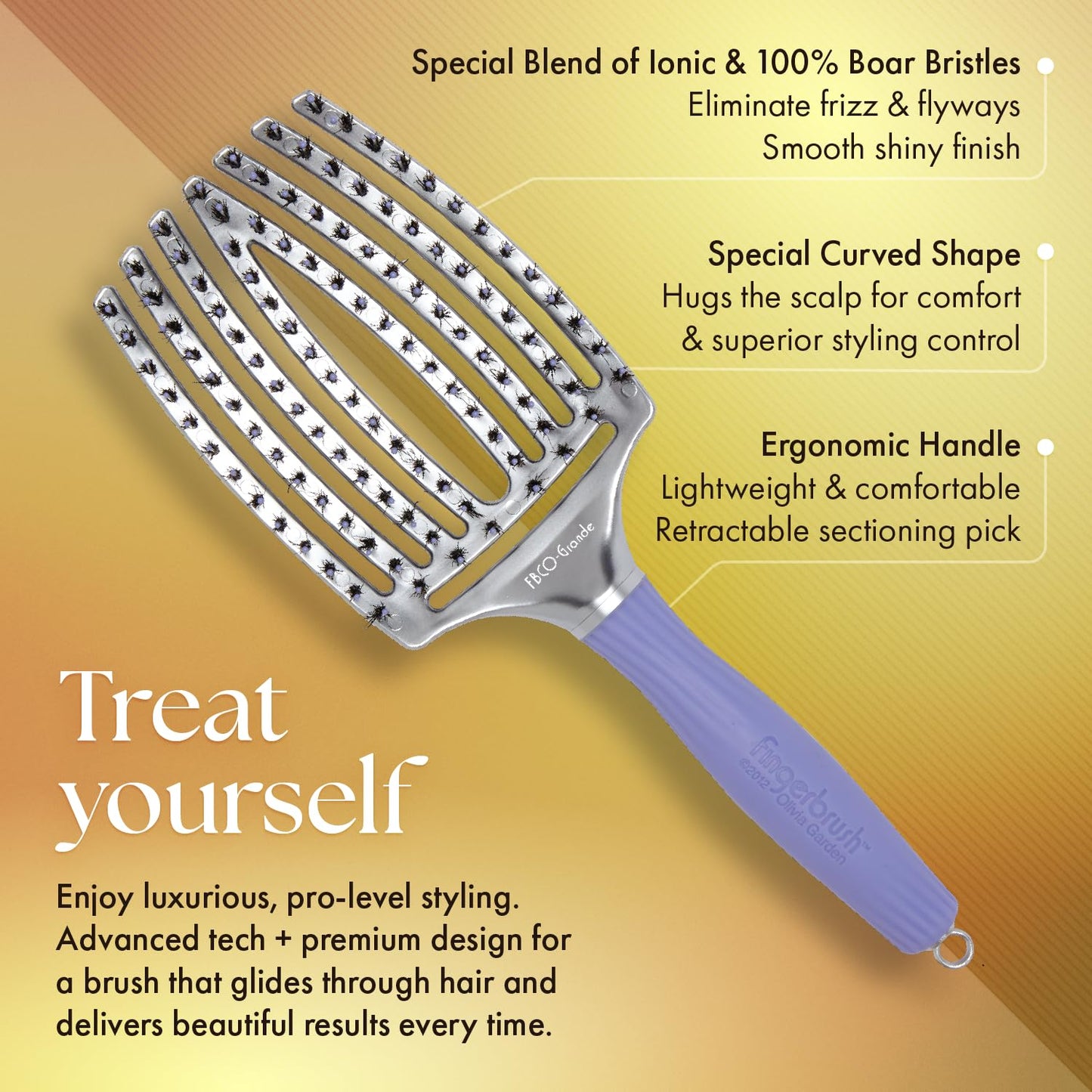Olivia Garden Fingerbrush Combo Curved and Vented Paddle Brush for Blow Drying - Ionic and 100% Boar Bristles - For All Hair Types, Grande