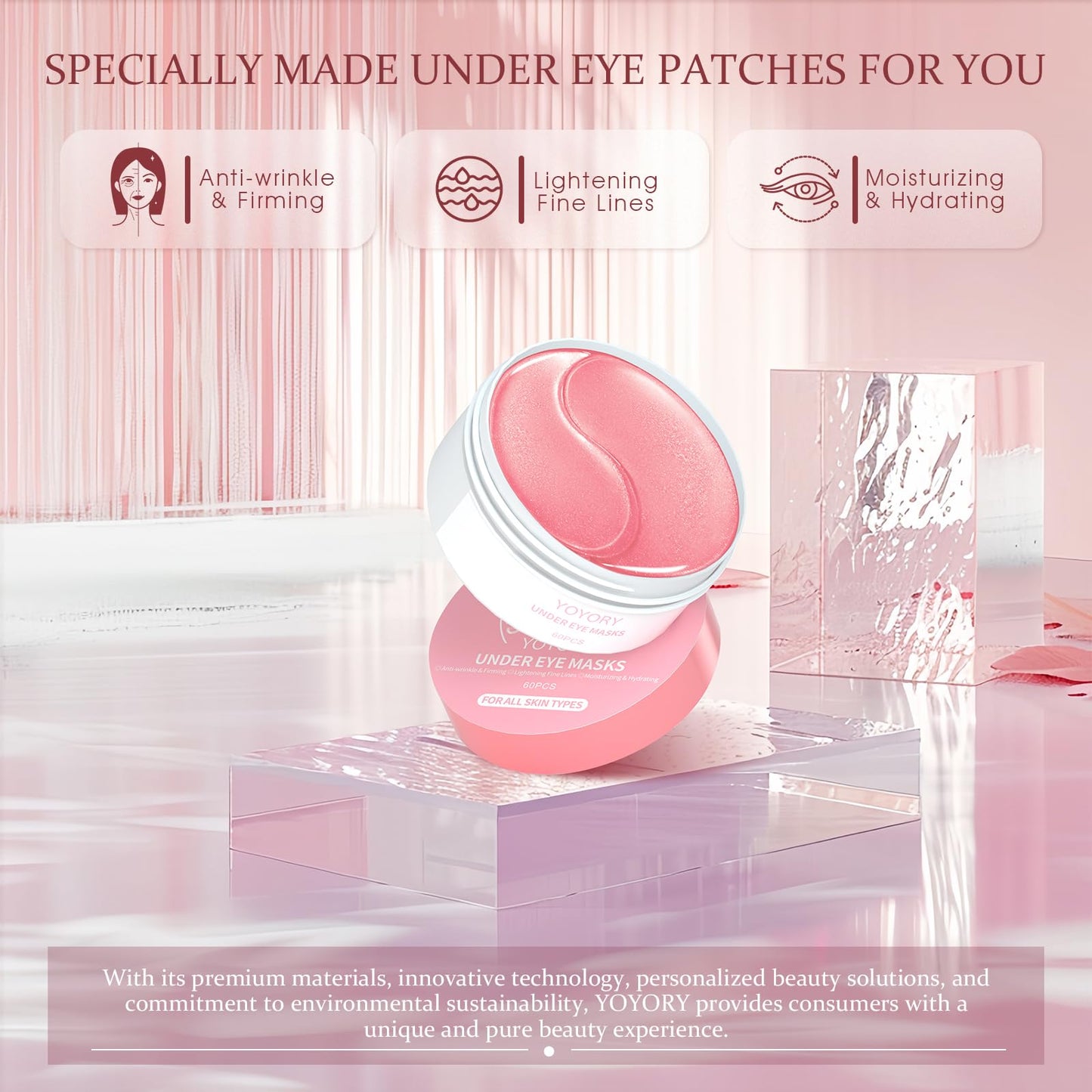 YOYORY Under Eye Patches Masks - for Fine Lines with Collagen and Hyaluronic Acid, Dark Circles,Eye bags,and Fade Wrinkles, puffiness Smoothing Skin Care Treatment for Women and Men, (60 Pcs) Pink