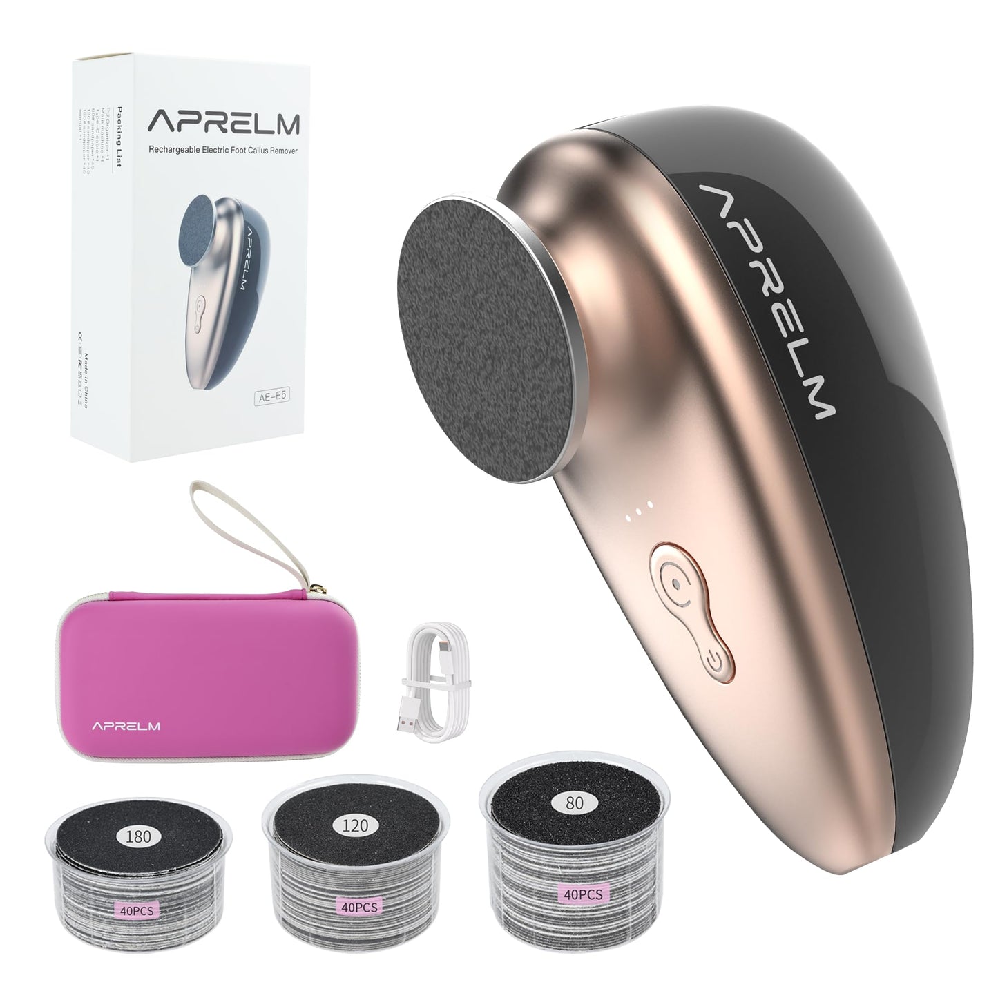 APRELM Rechargeable Electric Foot Callus Remover with 3-Sizes 120Pcs Sandpapers, Professional 1000RPM Electric Foot File with Organizer, Pedicure Tools Gifts for Women Men (E5 Black-Gold)