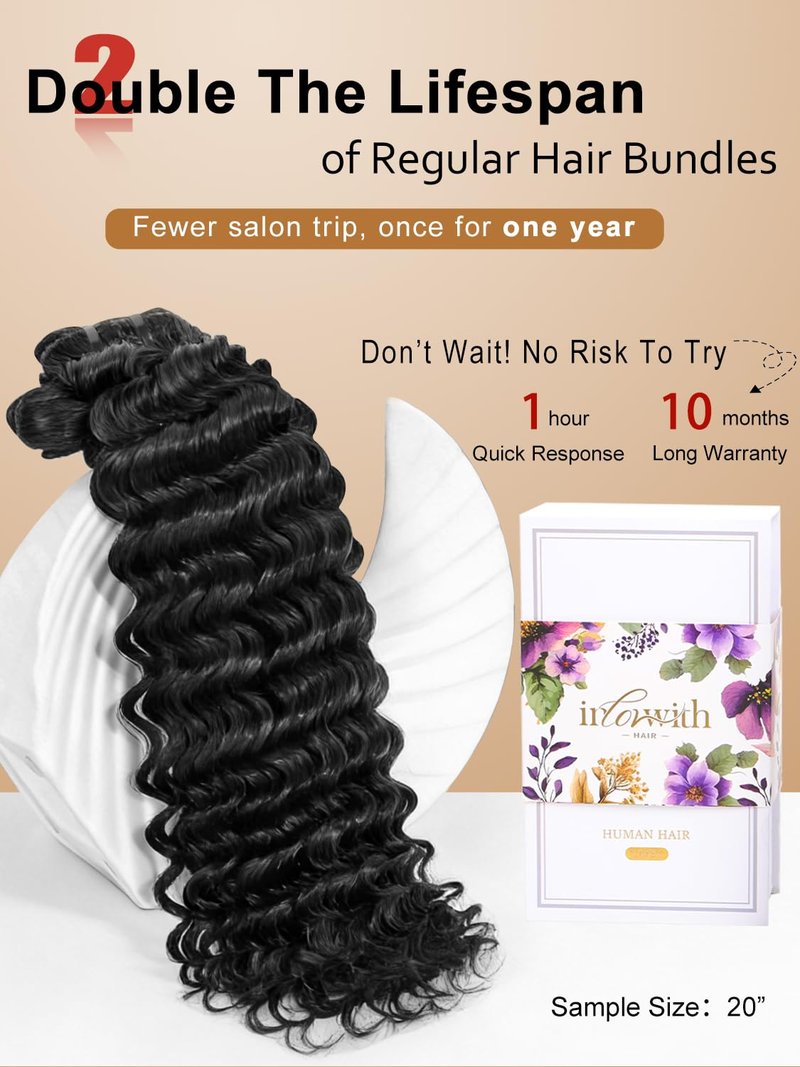inlovwith Deep Wave Human Hair Bundles, Curly Bundles by 100% Unprocessed Indian Virgin Hair, Keep Texture Wet and Wavy After Multiple Washes(Single Bundle, 16 Inches)