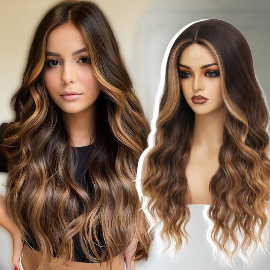 Brown Highlights Blonde Wig for Women 26 Inch Long Wavy Curly Hair