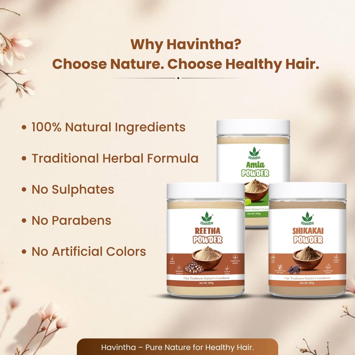 Havintha Amla Reetha Shikakai Powder For Hair - Each 250 gram (Pack of 3)