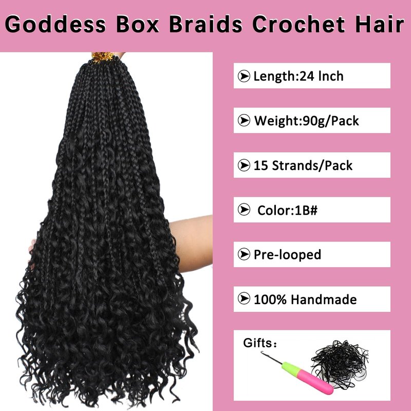 COOKOO 8 Packs 24 Inch Boho Box Braids Crochet Hair With Curly Ends Bohemian Hippie Goddess Box Braids Pre-looped Synthetic Braiding Hair Extension for Black Woman 23#