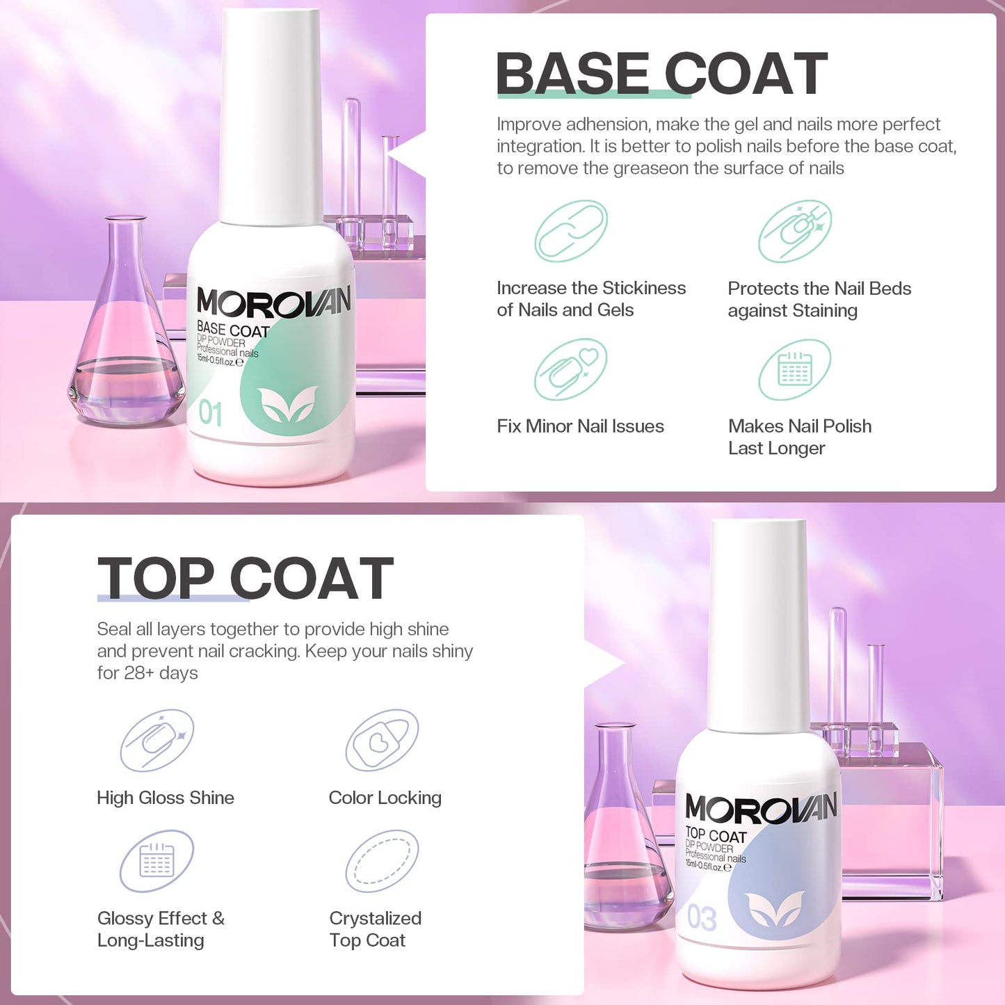 Morovan Dip Powder Liquid Set with Activator Base Top Coat and Dipping Powder Brush Saver 4pcs 0.5oz for Dip Nail Kit