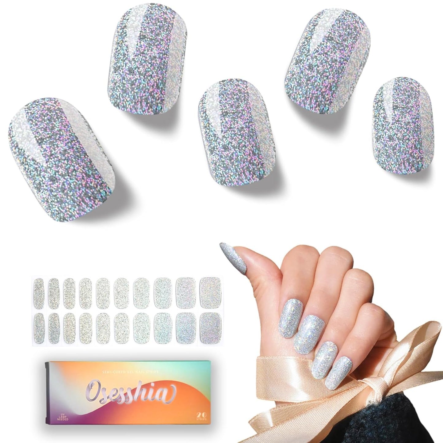 Semi Cured Gel Nail Strip Starter Kit - 60 Nail Stickers, UV Lamp & Tools for Salon Quality Christmas Nails