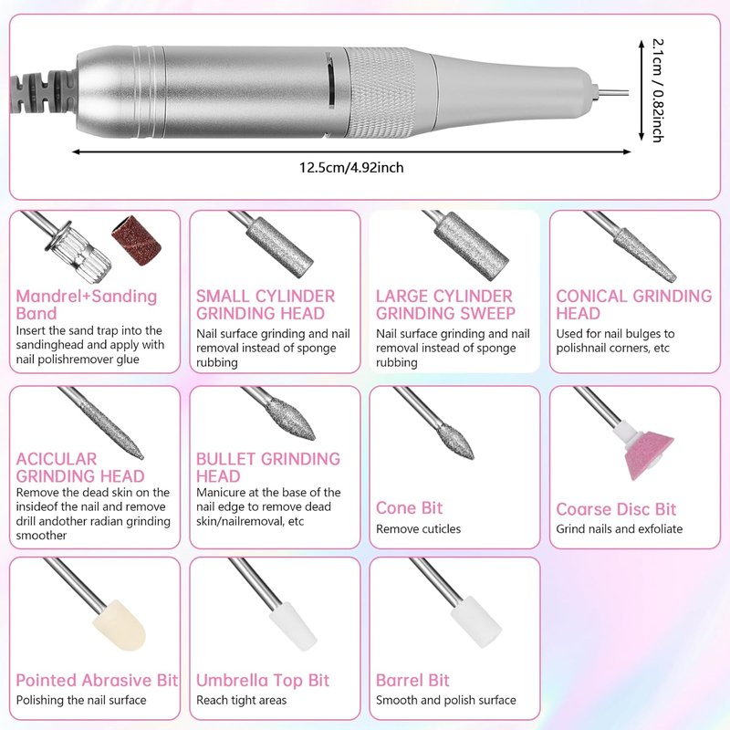 Electric Nail Drill - 45000RPM Portable Rechargeable E-File Kit | Ultra-Silent with 11 Bits & LED Screen (Pink)