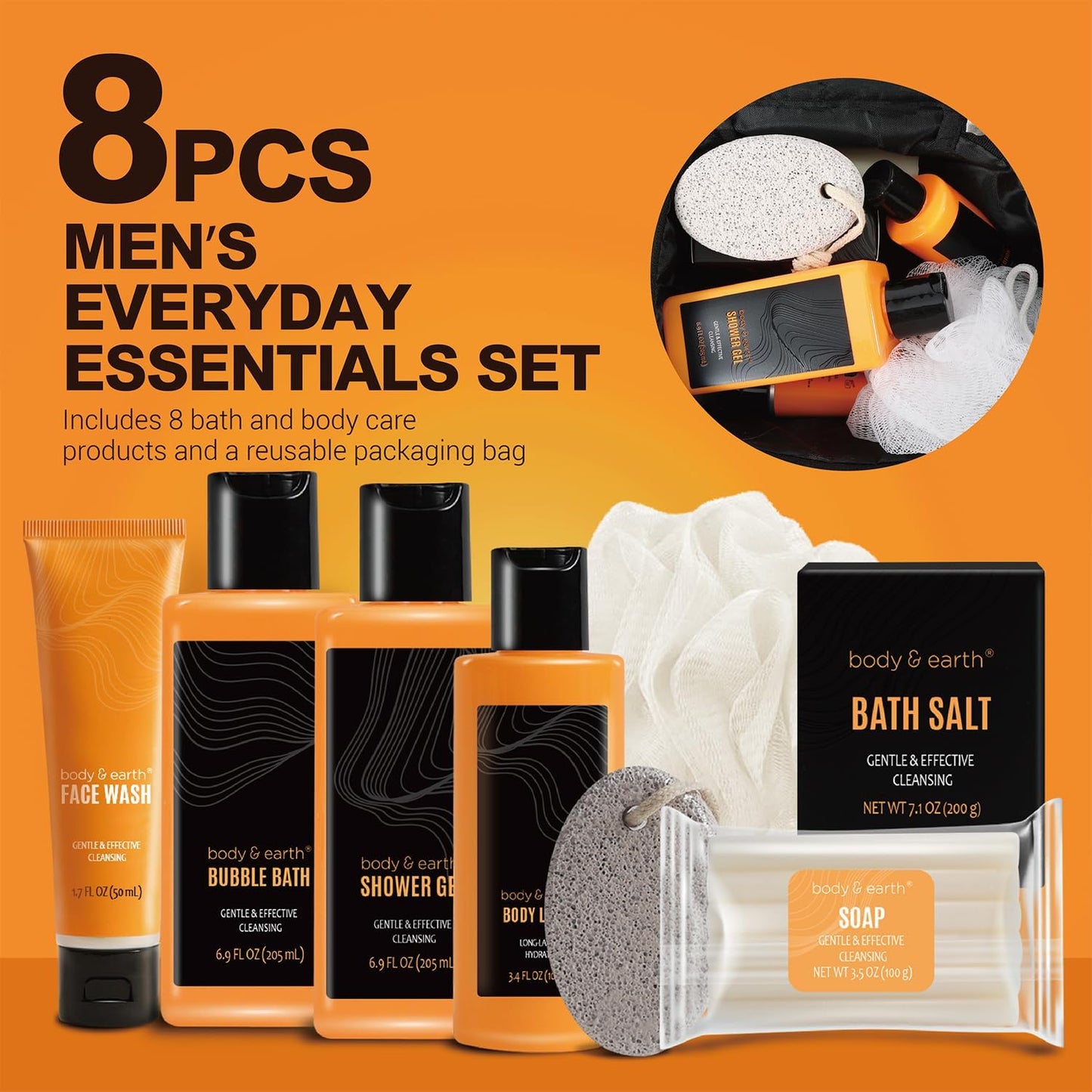 Body & Earth Gift Baskets for Men Bath Set Citrus Scented Bath and Body Gift Set with Body Lotion, Face Wash, Shower Gel, Bubble Bath, Loofah, Birthday Fathers Day Gifts