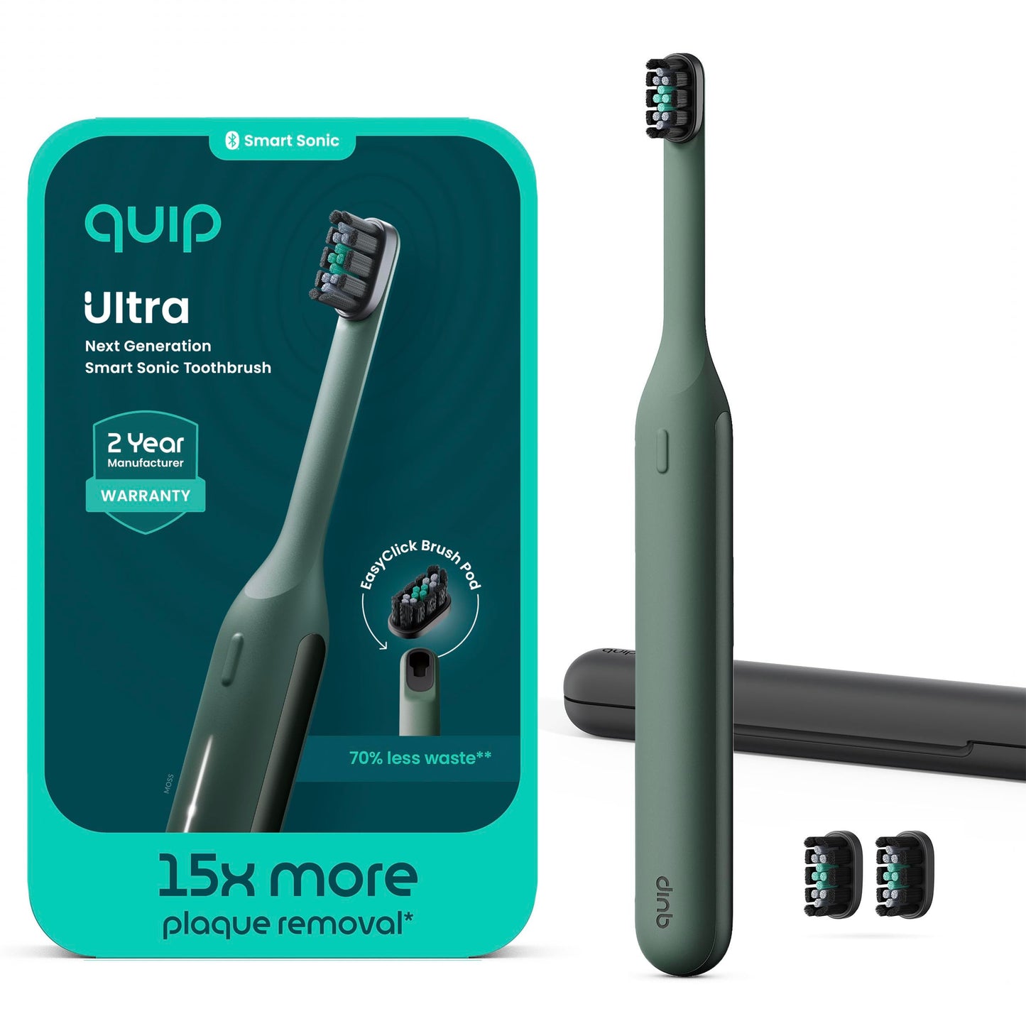Quip Ultra Next Generation Smart Sonic Toothbrush - Timed Electric Toothbrush for Adults - Replaceable Brush Head, Soft Bristles, Silicone Handle, 30-Day Battery Life, Travel Case - Moss Green