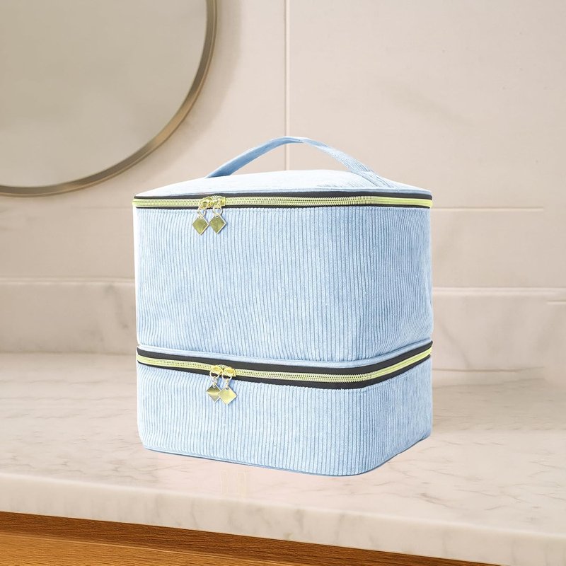Nail Polish Organizer Bag - Double-Layer Tote for 30 Bottles & Nail Lamp | Blue Carrying Case
