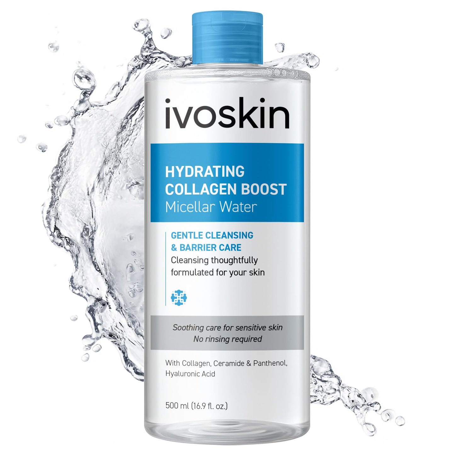 IVOSKIN Hydrating Collagen Boost Micellar Water | Gentle Makeup Remover & Skin Revitalizer with Triple Collagen Complex, Hyaluronic Acid & Ceramide | Hydrating Cleanser For Sensitive Skin | 16.9 Fl Oz