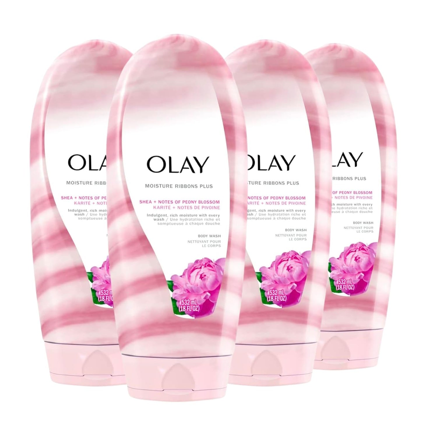 Olay Body Wash for Women - Deep Conditioning Moisturizer with Shea Butter & Peony | 18 fl oz (Pack of 4)