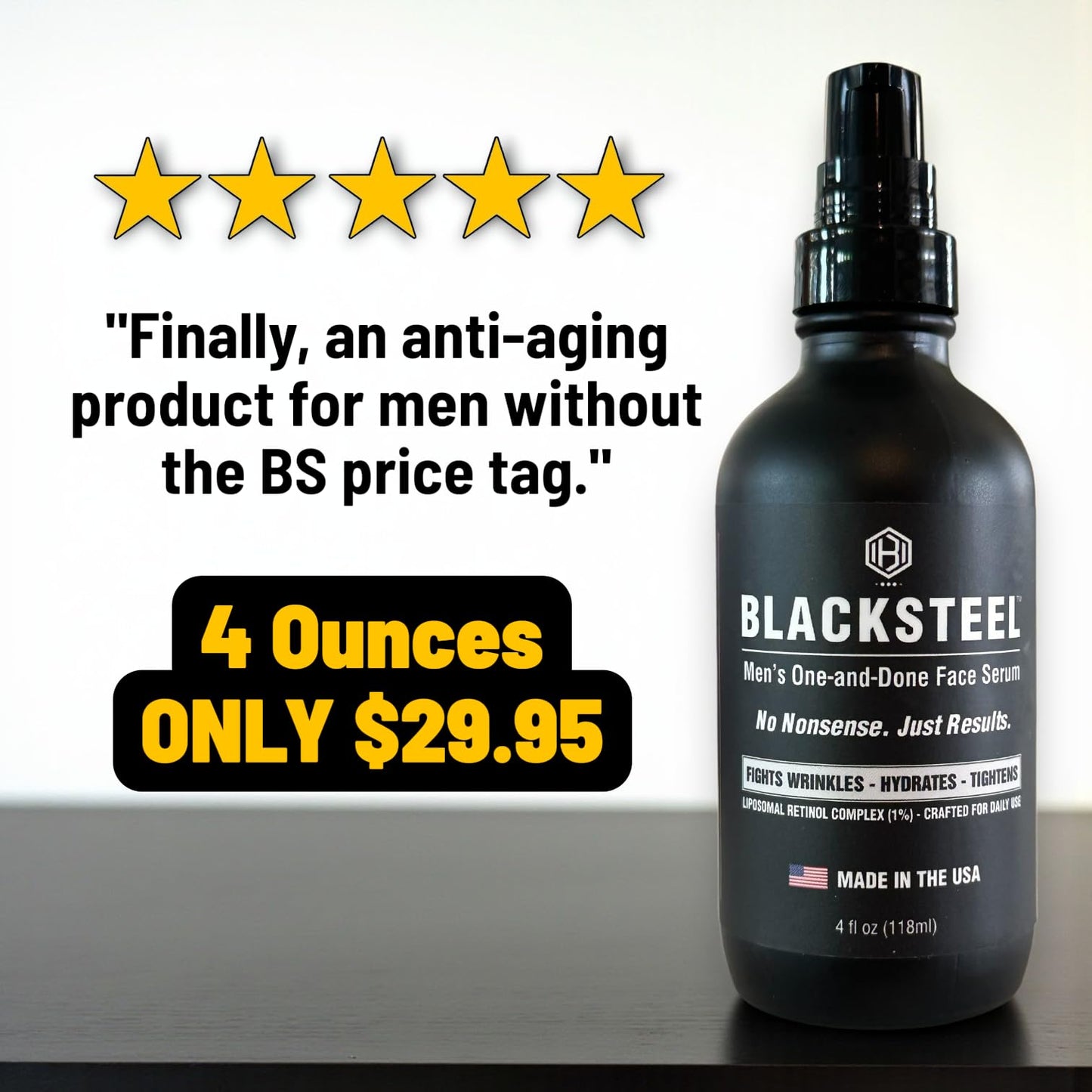 BLACKSTEEL Men's Anti-Aging Face Serum with Retinol & Hyaluronic Acid | One-Step Daily Wrinkle, Hydration & Firming Solution | Fast-Absorbing, Non-Greasy Skincare Made in USA | 4 oz Single Bottle