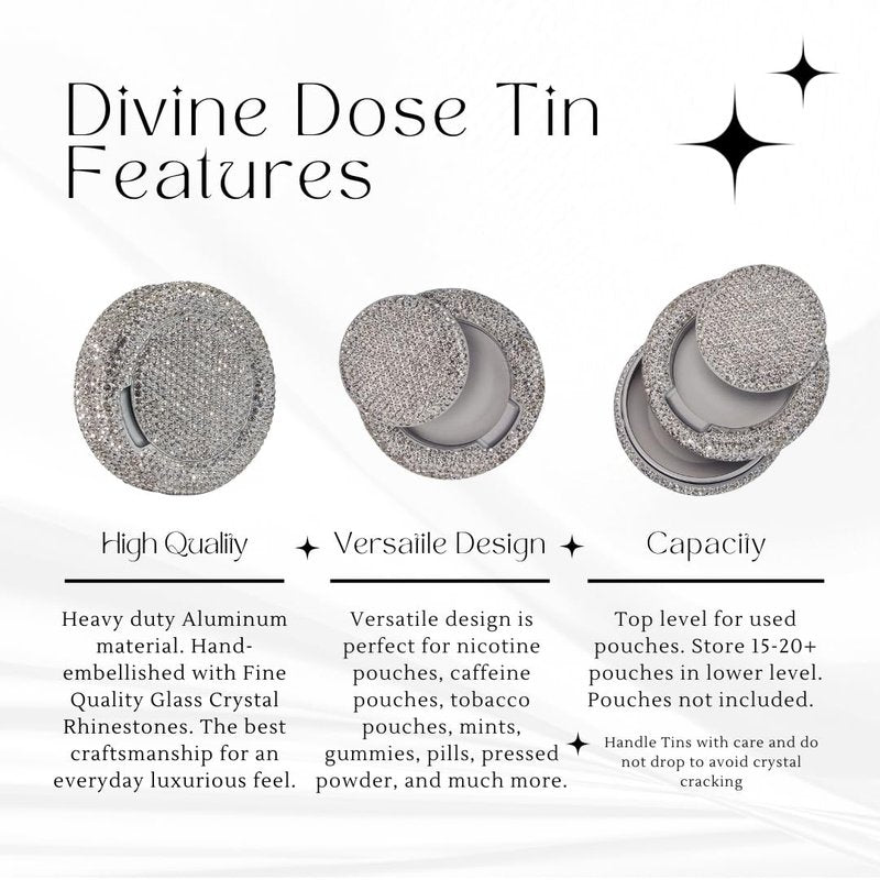 Bedazzled Metal Zyn Can | Divine Dose Rhinestone Metal Pouch Holder | Dual Compartment Aluminum Zyn Storage Tin | Lidden Container Storage Snus Can, Gift for Her (Silver)