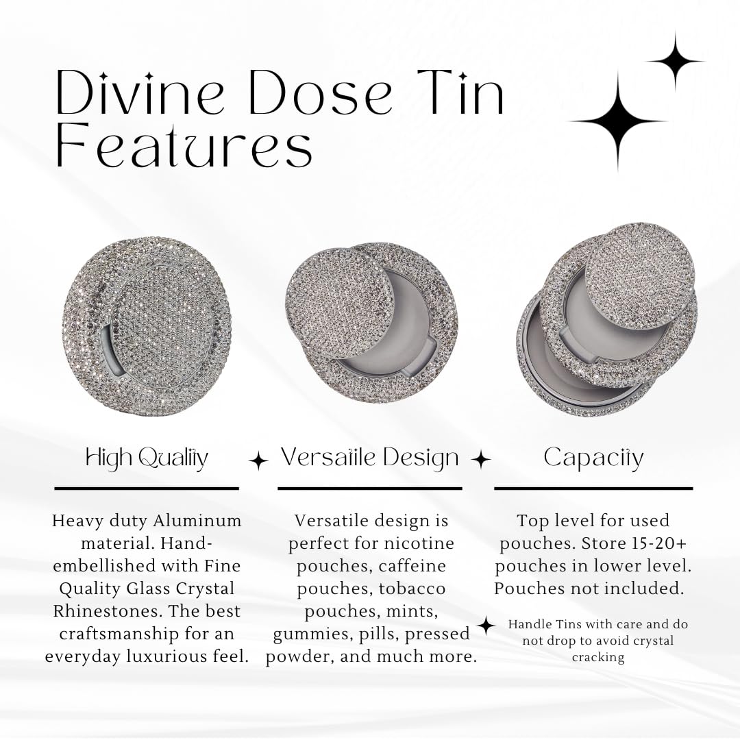 Bedazzled Metal Zyn Can | Divine Dose Rhinestone Metal Pouch Holder | Dual Compartment Aluminum Zyn Storage Tin | Lidden Container Storage Snus Can, Gift for Her (Silver)