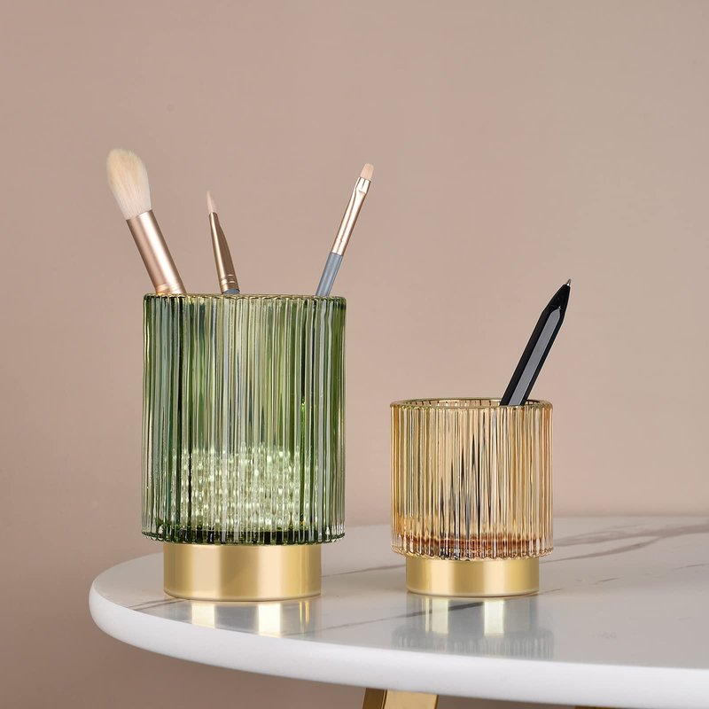 CANITORON Makeup Brush Holder,2 Pack Glass Makeup Brush Holder Organizer Store Cosmetic Tools,Eyeliner,Storage Organizer for Vanity,Bathroom and Bedroom Countertop Storage.(Amber S+L)