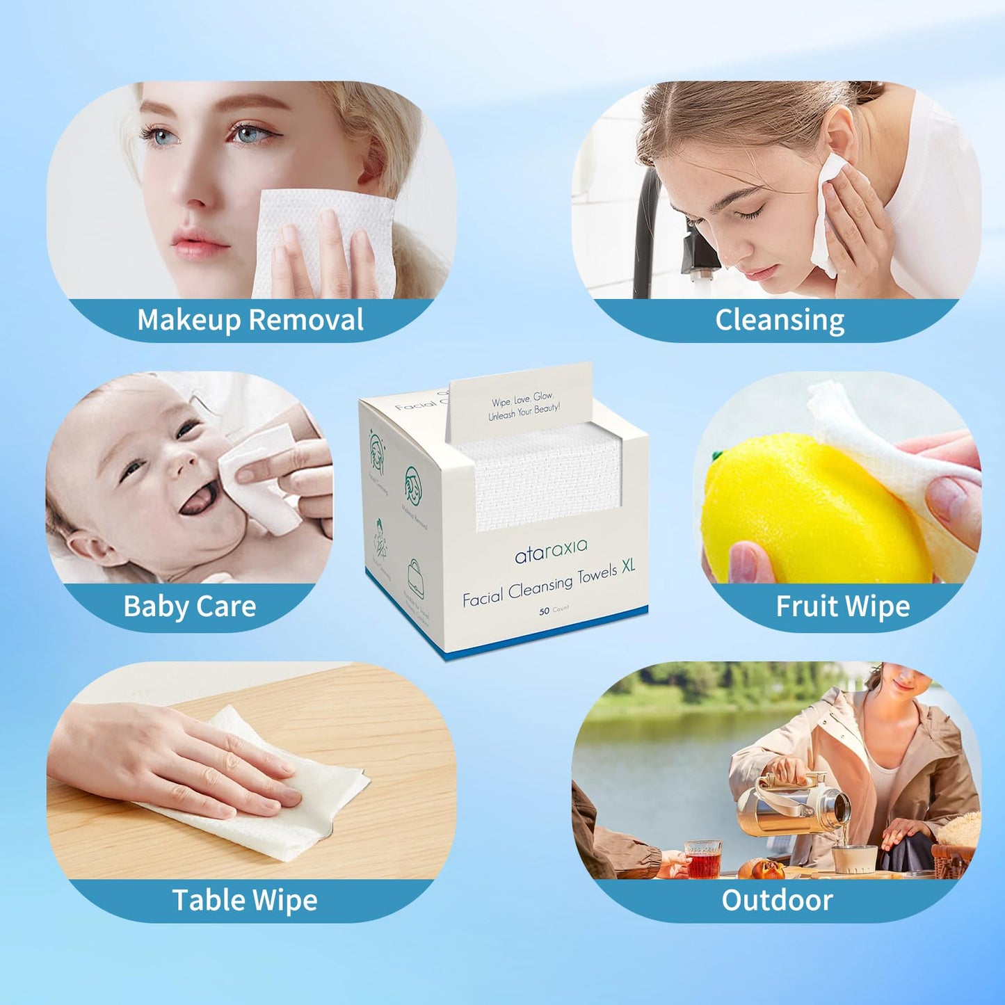 ataraxia Disposable Face Towels XL, Cotton Clean Towel for Face Travel Pack of 150, 10x12'' Extra Thick Soft Facial Cleansing Towelettes Wipes for Drying | Washing | Skin Care (3 Pack)