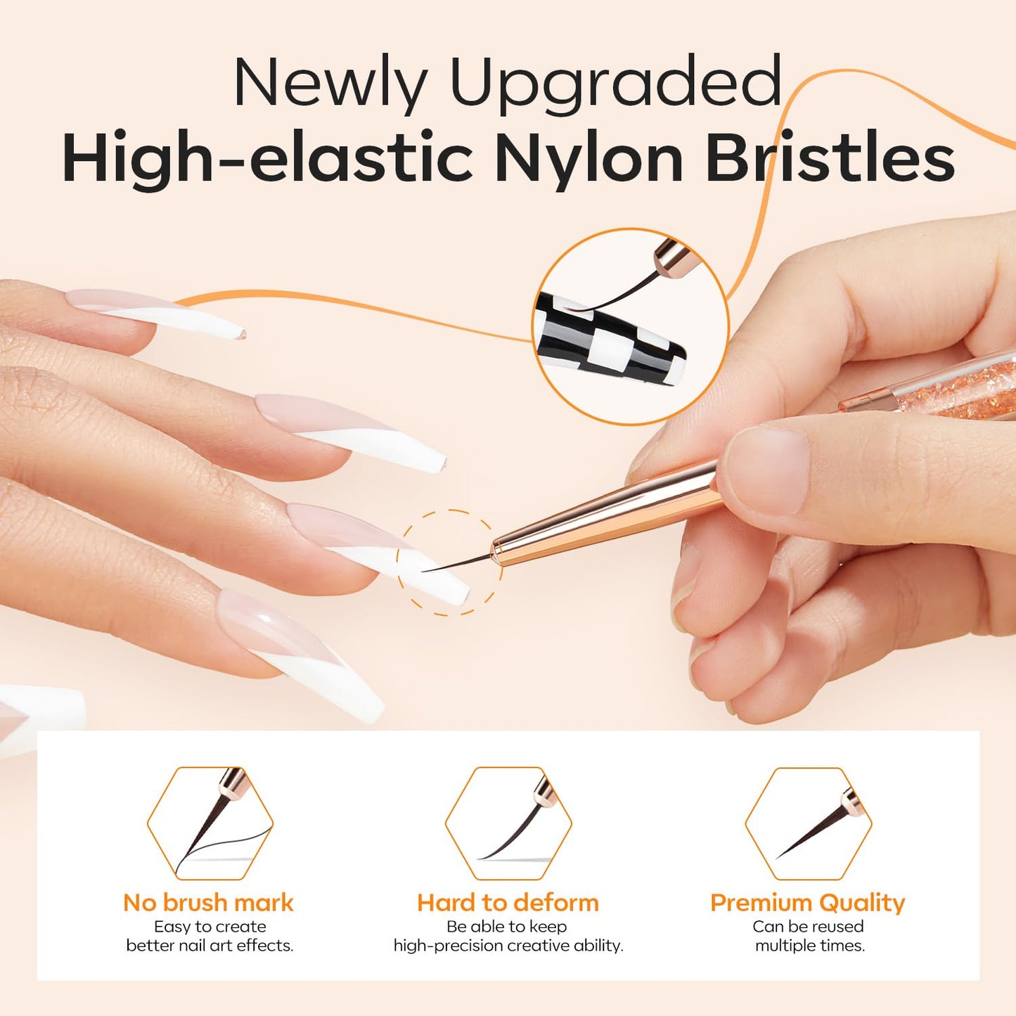 modelones Thin Liner Nail art Brushes with Gel Top and Base Coat for Nail Gel Polish Designs with Arylic Rhinedtone Handle