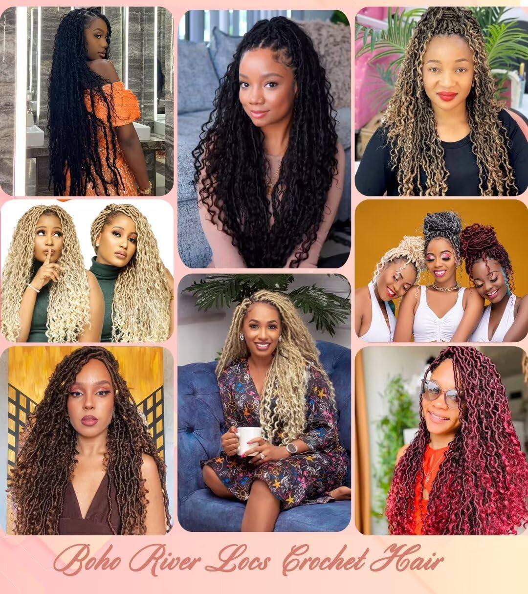 New Goddess Locs Crochet Hair 30inch Long River Faux Locs Braids with Curly End Long Boho Hippie Locs Style Synthetic Hair Extensions (30" 6Packs 1B#)