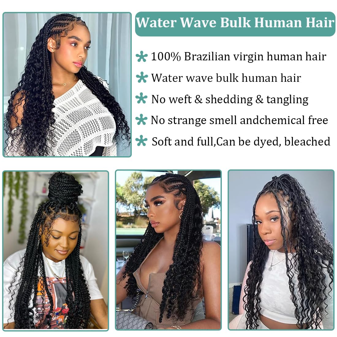 Human Braiding Hair for Boho Braids Human Hair Braiding No Weft Wet and Wavy Human Hair Braiding Hair Extensions For Boho Braids 2 Bundles 100g（20inch,#1B Black Water Wave)