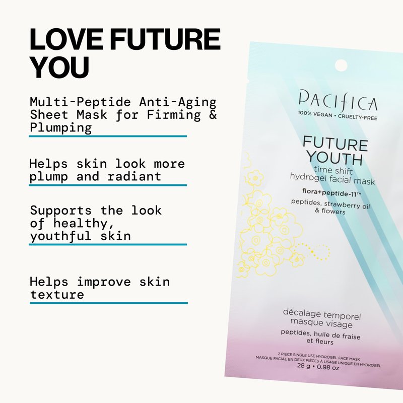 Pacifica Future Youth Time Shift Hydrogel Facial Mask - 12-PACK - Multi-Peptide Anti-Aging Sheet Mask for Firming & Plumping, Ultra-Hydrating Serum-Infused Mask for Face & Neck, 100% Vegan