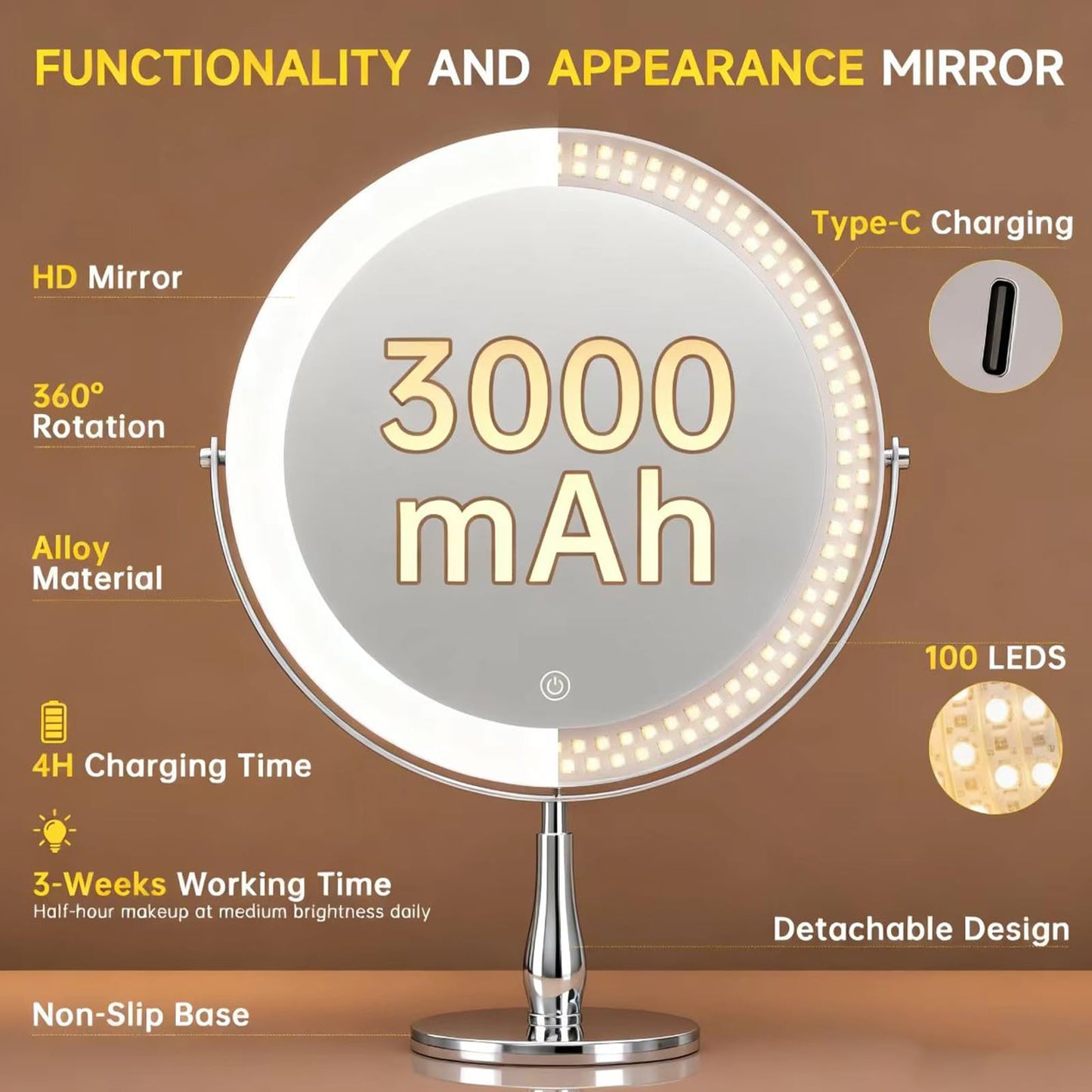 DEXHOM 11.8" Extra Large Lighted Makeup Mirror, 1X/10X, 2-Sided Magnifying Mirror with 96 LEDs, 3 Color Dimmable Lights, 360° Swivel, LED Vanity Mirror, White - Great Gift Chrome