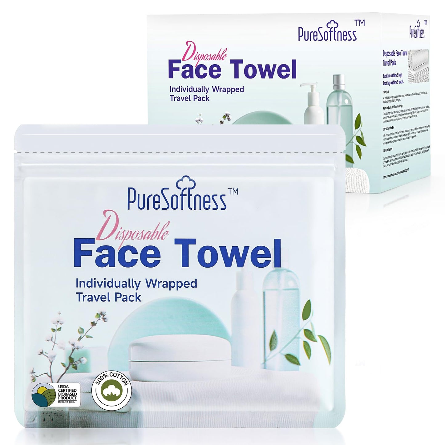 PureSoftness Travel Pack Disposable Face Towel, Individually Packed Each Re-sealable Bag Contains 5 Dry Towels, Makeup Remove and Face Wash, Business Trip, Camping, Fitness, Yoga (20 Pack, 100 Towels)