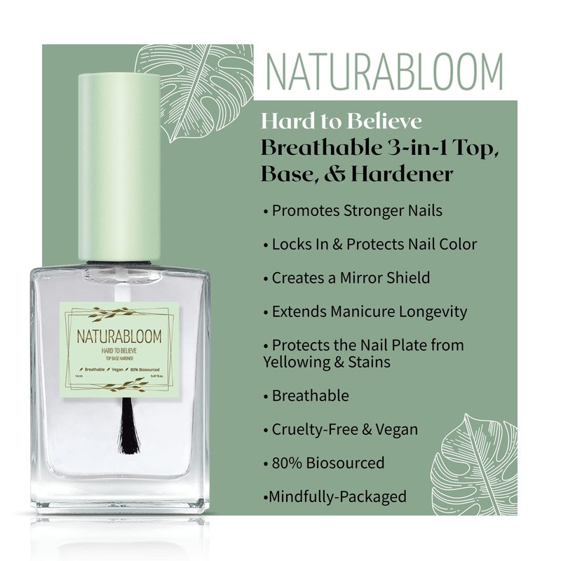 NATURABLOOM Hard to Believe 3-In-1 Nail Strengthener and Growth Polish - Nail Hardener and Strengthener Professional, Top, & Base Coat at Your Fingertips - Biosourced, Vegan & Breathable Nail Top Coat