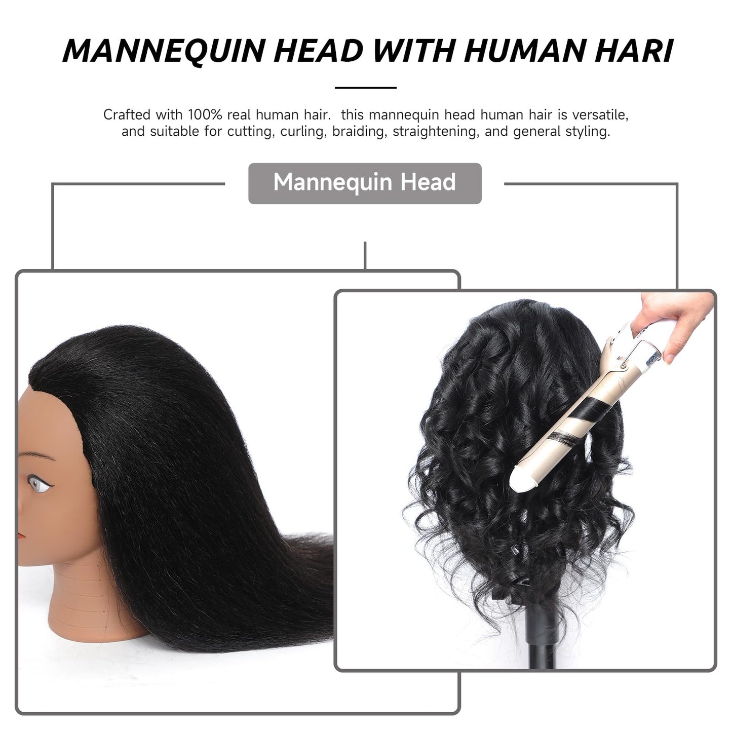 Mannequin Head Human Hair 14 inch Professional Styling Head Mannequin Head with Hair 100% Real Human Hair for Salon Training, Braiding & Cutting Free Adjustable Stand (Designers/Beginners/Schools)