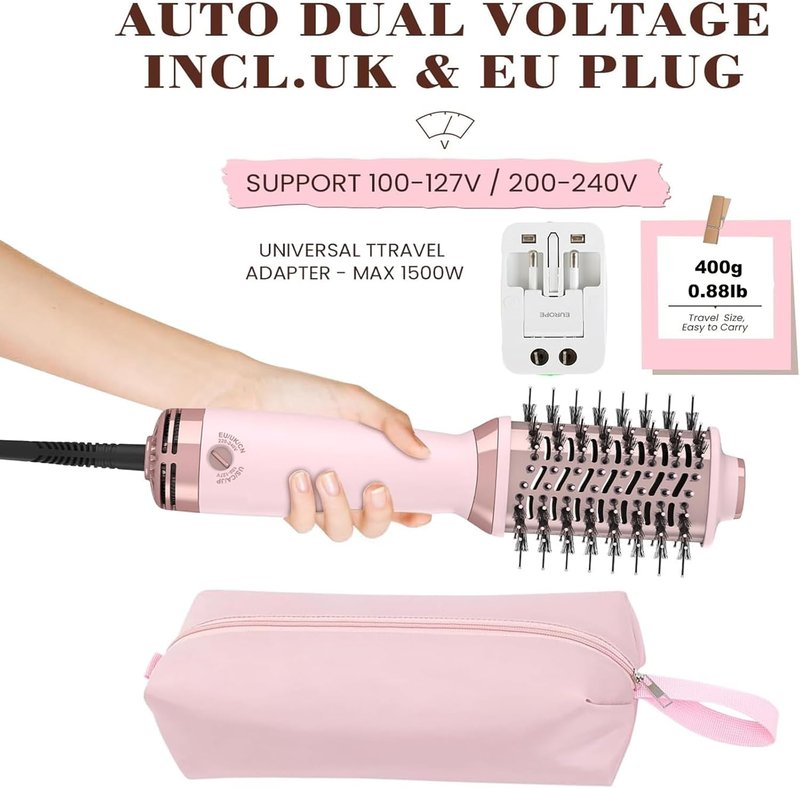 Travel Dual Voltage Hot Air Brush - 4 in 1 Mini Hair Dryer & Volumizer | 2 Inch Brush with Global Adapter & Storage Bag
