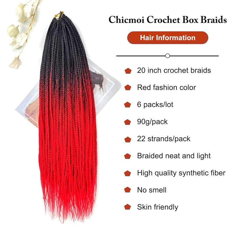 Ombre Red Crochet Braids - Pre-Looped 20 Inch Box Braids for African Women | 6 Packs, Small Size