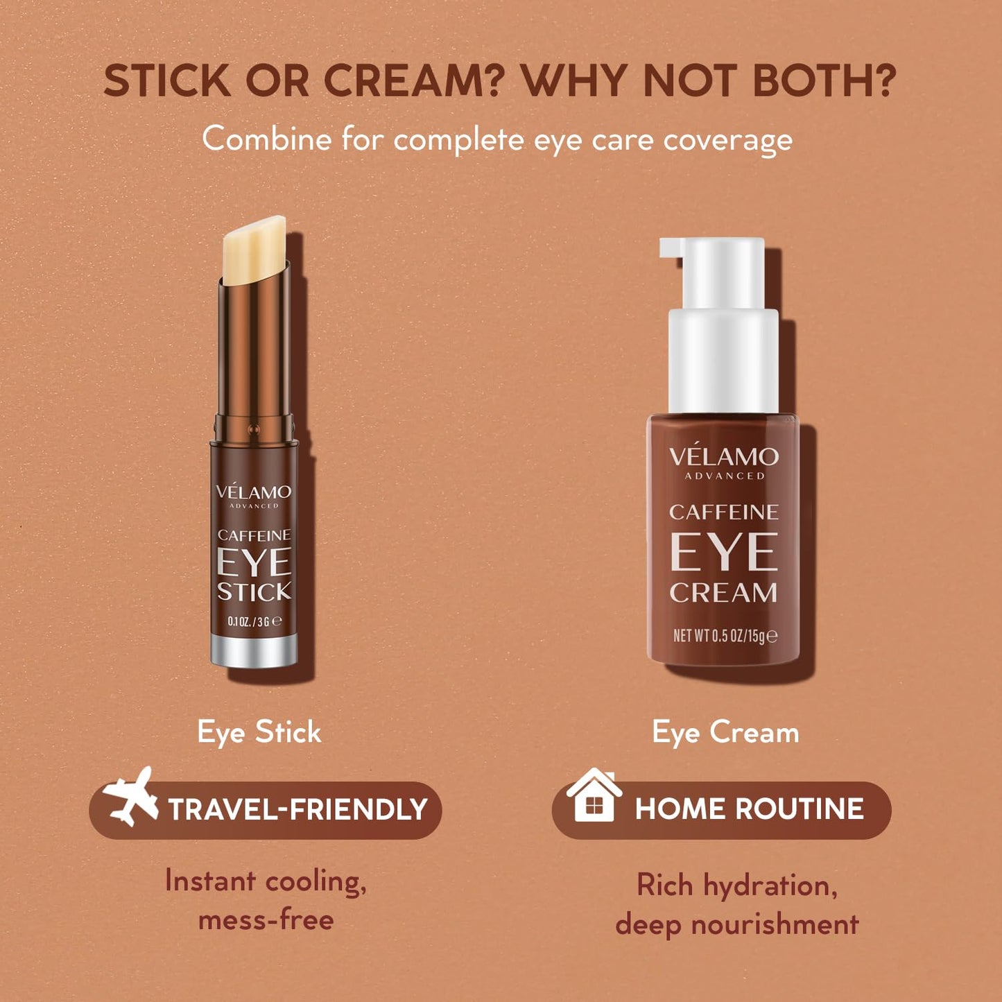 VELAMO ADVANCED Caffeine Eye Stick: Energizing & Hydrating Under Eye Balm for Dark Circles & Puffiness - Travel Essentials, Portable & Perfect for On-the-go Use, 0.1 OZ/3g 2 Pcs