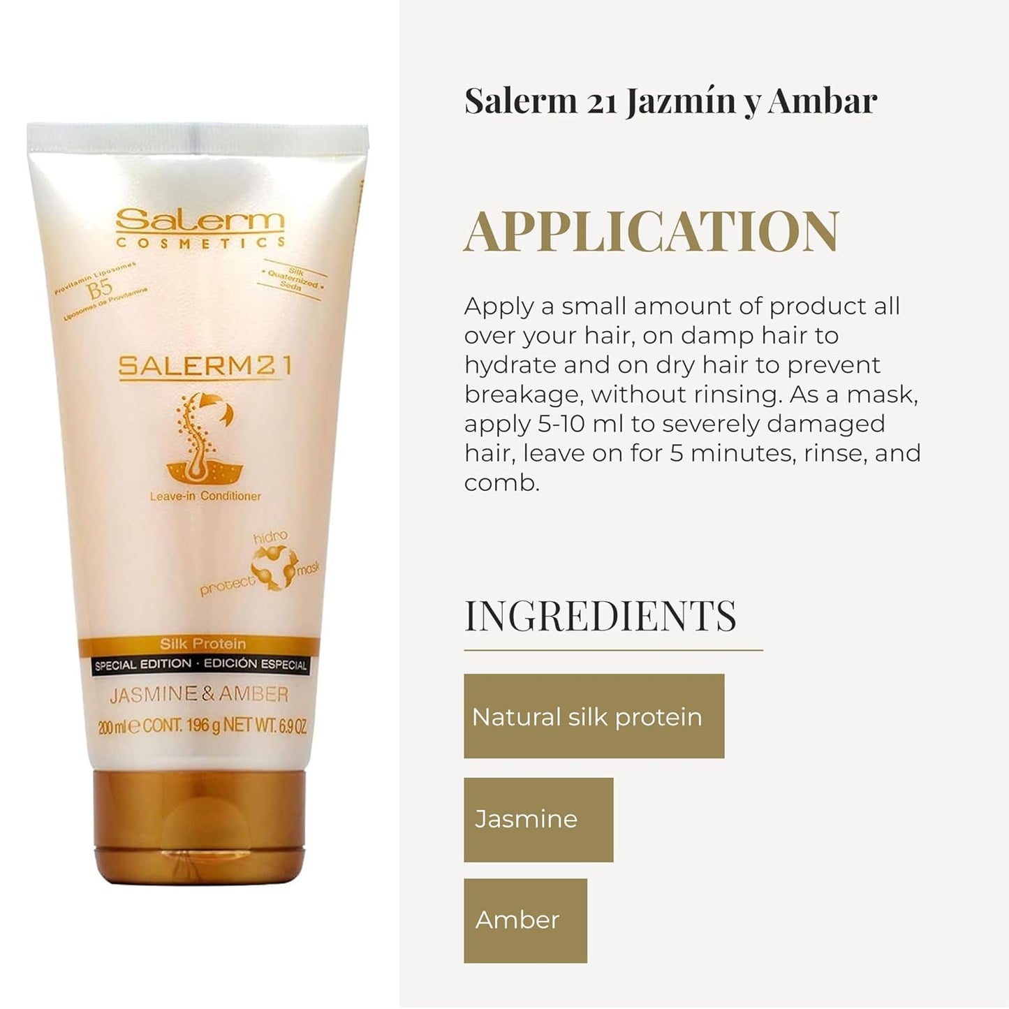 Salerm 21 Leave-In Mask & Conditioner - Jasmine & Amber - Anti-Frizz, Deep Hydration - 200 ml