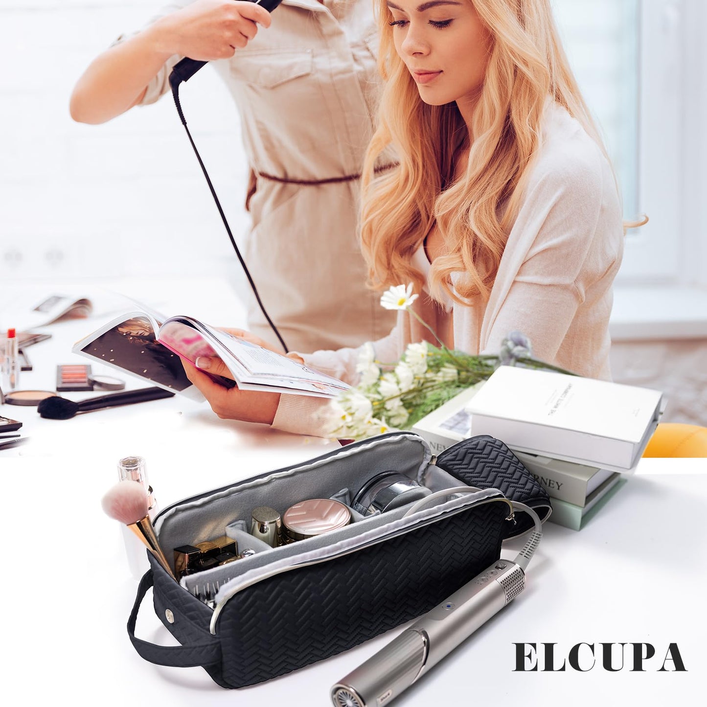 ELCUPA 2IN1 Hair Tools Travel Bag with Removable Heat Resistant Mat Curling Iron Travel Case, Hair Dryer Organizer for Flat Irons, Straighteners and Haircare Accessories, Hot Tools Travel Bag Hair