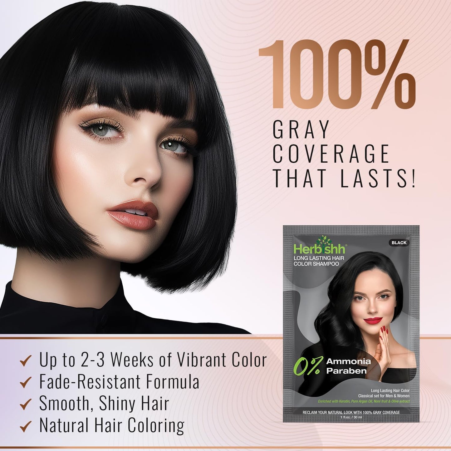 Herbishh Travel Pack Hair Dye Color Shampoo + 15pc Argan Hair Mask Sachet (Black, 15 Sachets)