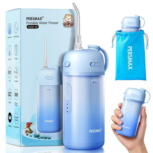 PERSMAX Portable Water Flosser for Teeth Cleaning - Cordless Dental Pick Electric Oral Irrigator for Travel, Kids, with 3 Modes 8 Pressure Settings, 2 Tips, 150ML, Mini Size, IPX7, Gradient Blue