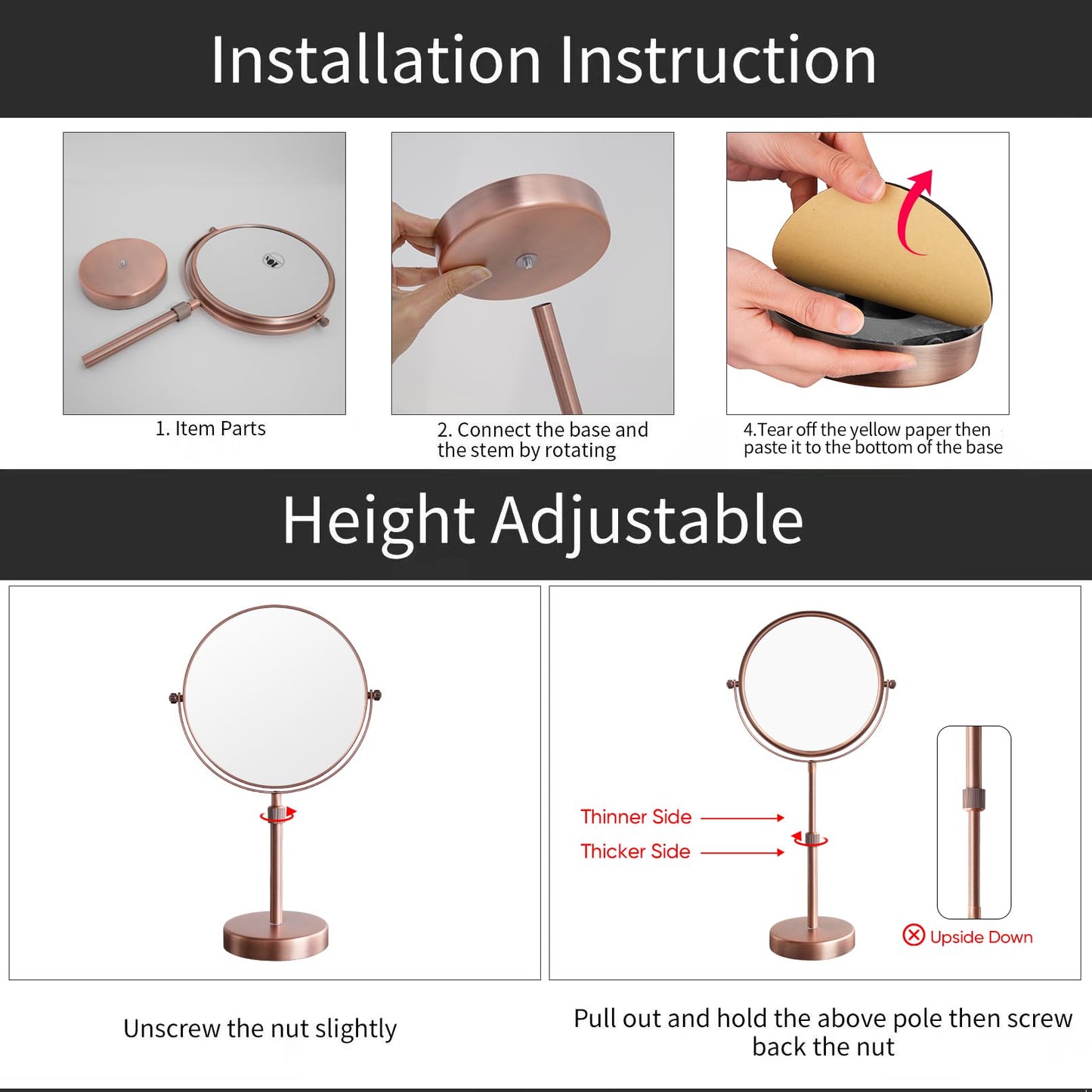 Nicesail Table Mirror 1X 10X Magnifying Mirror Double Sided, Makeup Mirror for Desk 360 Rotation 8 Inch Face Mirror, Matte Rose Gold, for Mom