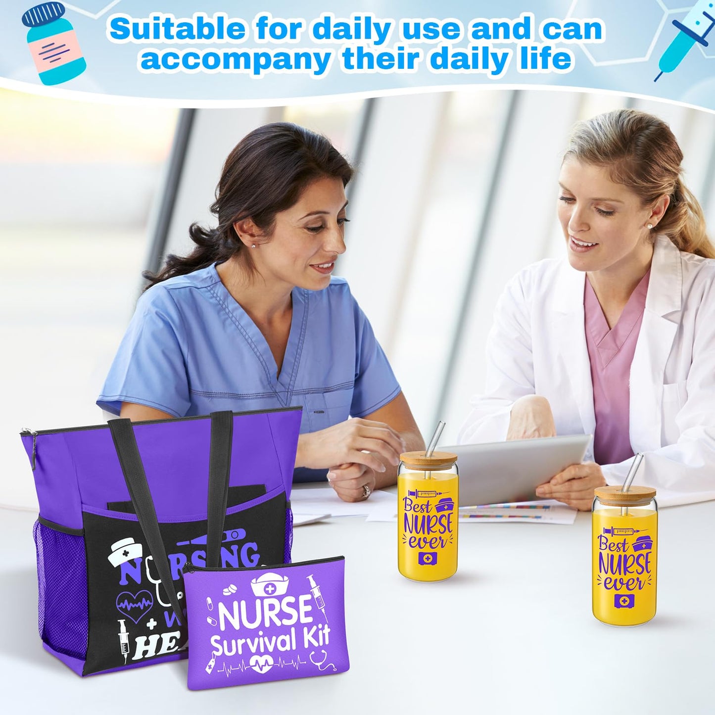 Yetene 5 Pcs Nurse Gifts for Women Tote Bag Makeup Bag 16 oz Glass Cup Bracelets Sock Gift Graduation Female(Purple,Nurse)