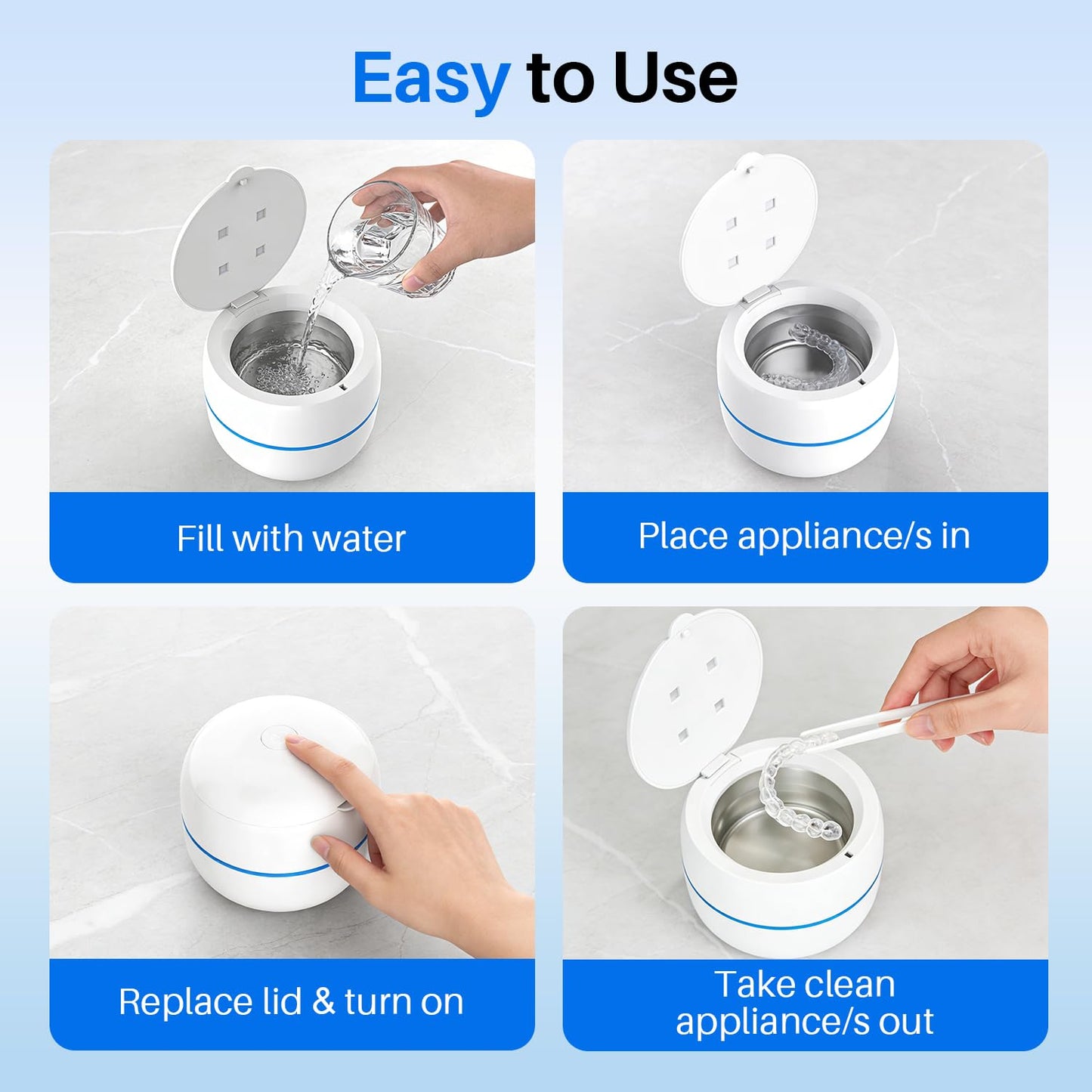 Voraiya Ultrasonic Retainer Cleaner Machine 45kHz 4 U-V Lights Dental Cleaning Pod 2 Modes 200ml, Dentist-Designed Ultrasonic Dental Retainer Cleaner for Dentures, Aligners, Night Guards, Mouth Guards