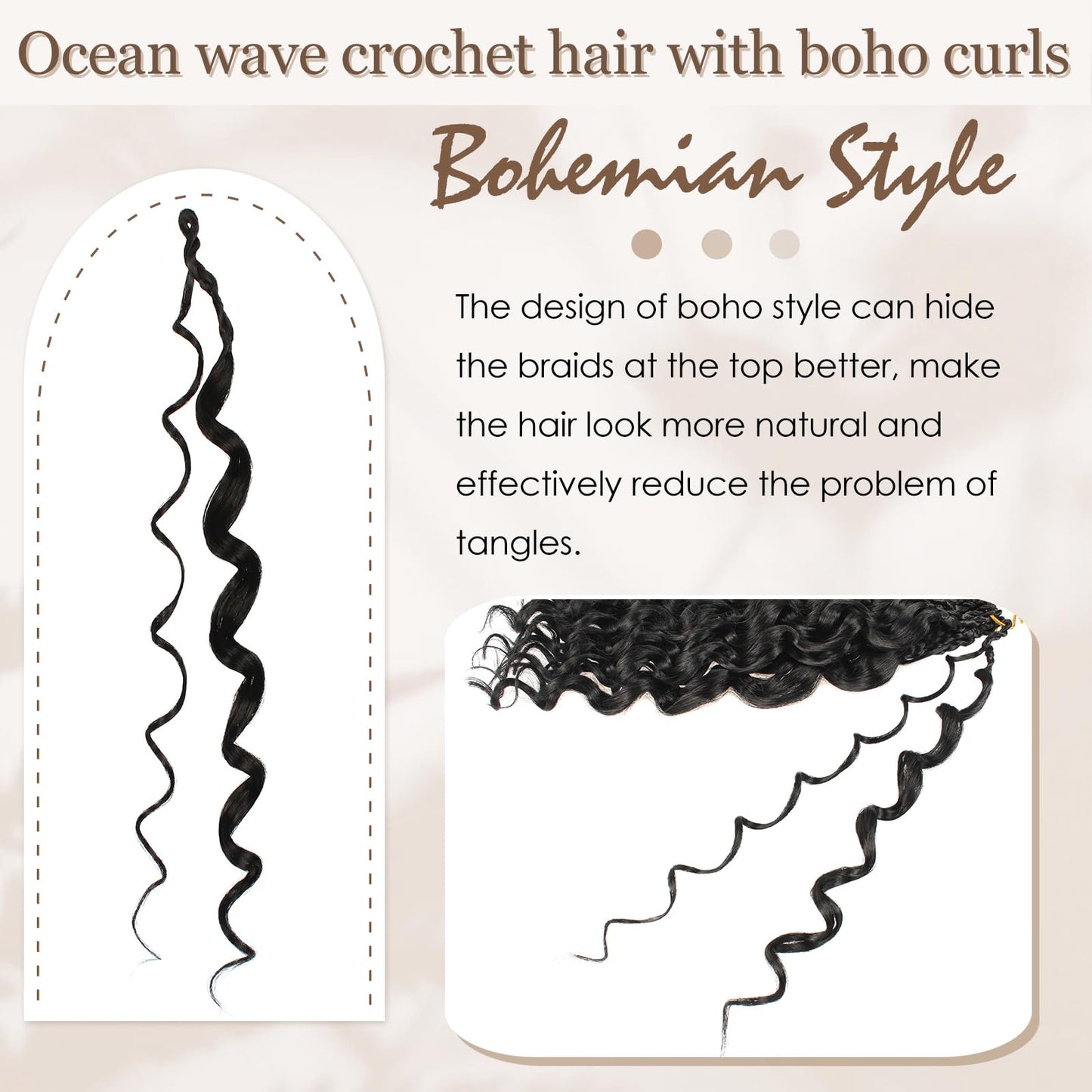 Toniola Pre Looped Ocean Wave Crochet Hair 14 Inch 8 Packs Black Boho Ocean Deep Water Wave Beach Curl Braiding Hair Pre Twisted Synthetic Short Wavy Curly Crochet Hair for Women(14inch 1B)