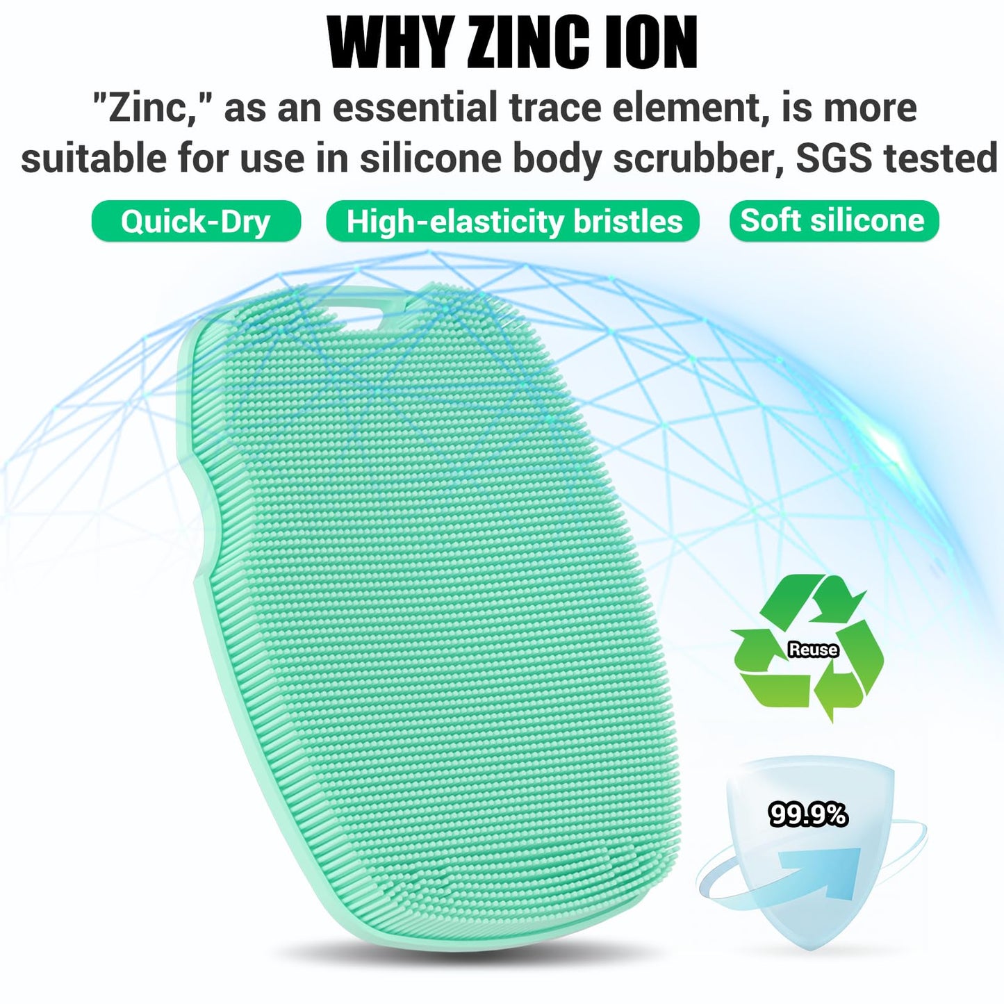 Canroom Silicone Body Scrubber - Anti Zinc Infused-Highly Elastic Bristles Exfoliating Body Scrubber for Shower Body,Cellulite Reduction,Blood Circulation - Green